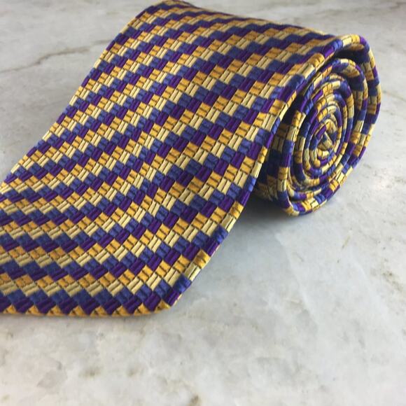 SAZZARA BLUE, PURPLE, GOLD, YELLOW WOVEN SILK NECKTIE - Picture 8 of 10